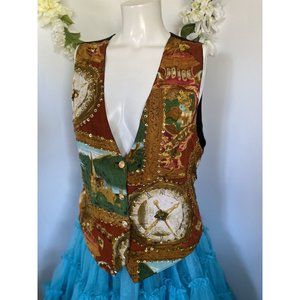 Jane Ashley Vest Embellished Gold Button Beaded Boho Multi Black Medium Boho EUC